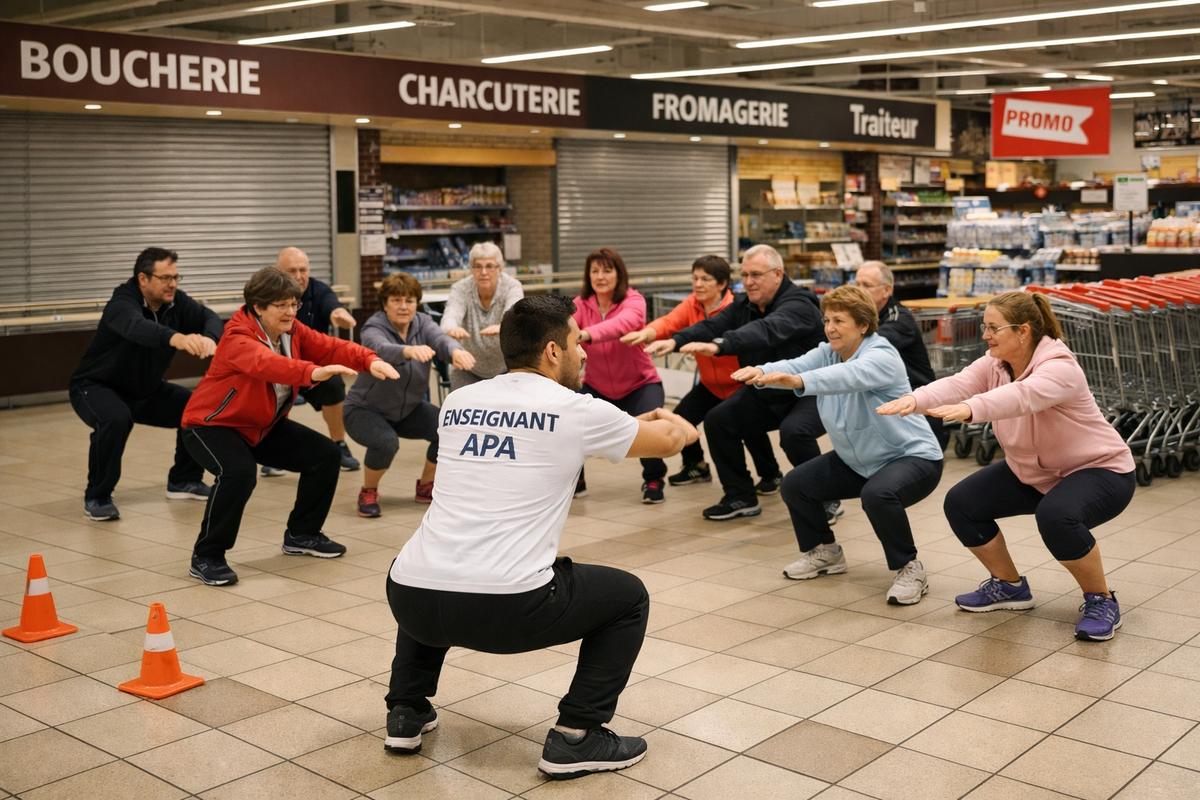 Séance de sport santé en entreprise encadrée par un enseignant APA